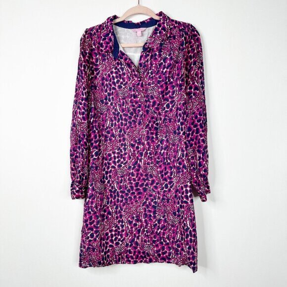 Lilly Pulitzer Davie Hollyhock Gigi Giraffe Shirt Dress 10 Purple #A0428 TRB3 - Picture 2 of 8